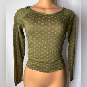 Y2K Olive Green Star Print Long Sleeve Top